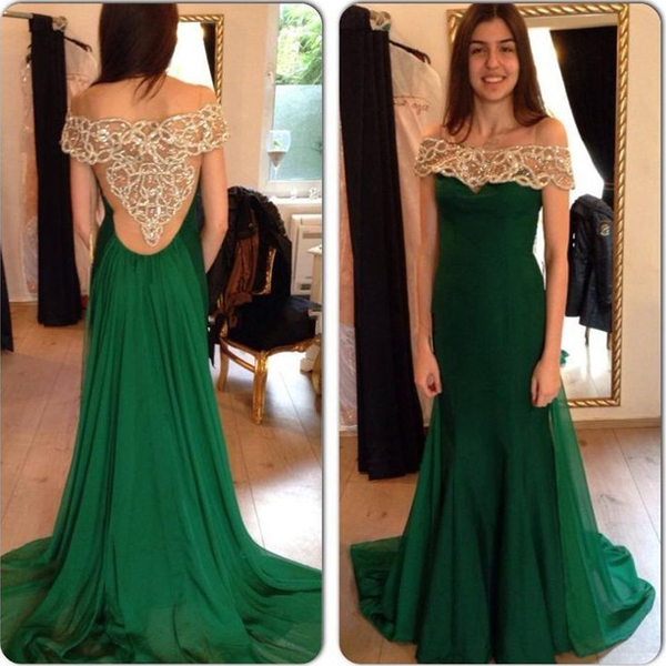 Emerald Green Prom Dress Off The Shoulder Low Cut See Through Back Dark ...