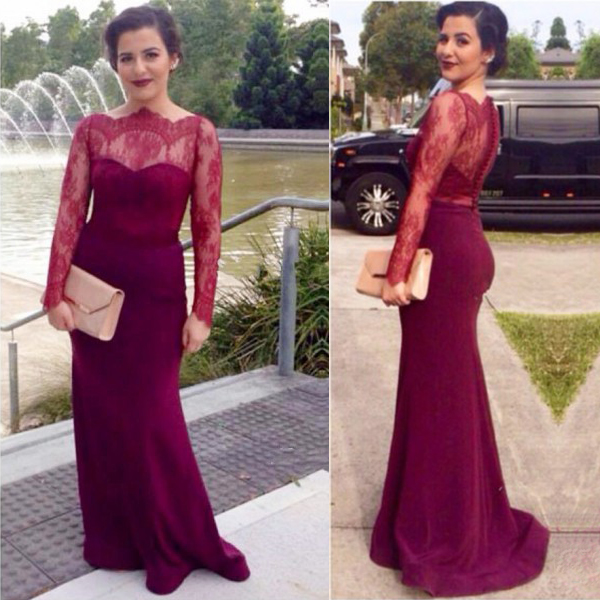 Elegant Sheath Burgundy Prom Dresses Lace Long Sleeve Buttons Covered ...