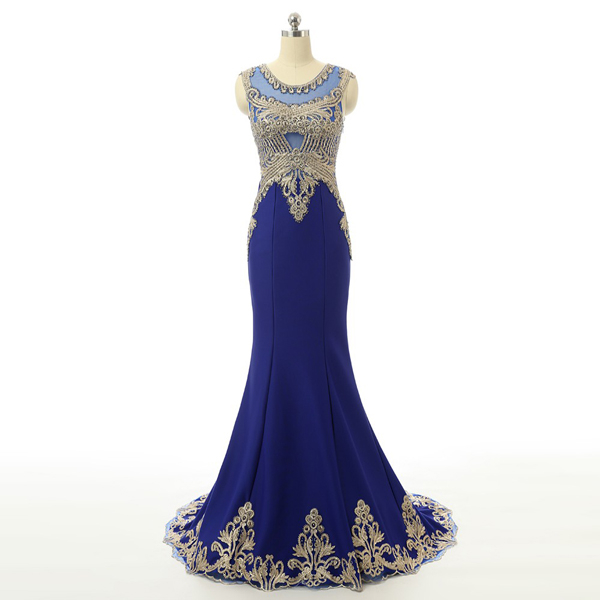 Royal Blue Mermaid Prom Dress Boat Neck See Through Open Back Beaded ...